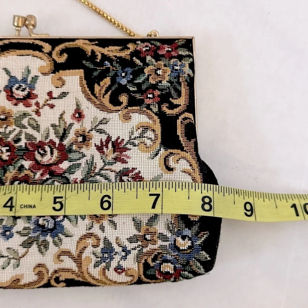 70s Walborg tapestry bag, vintage 70s bag  black,beige & blue floral design